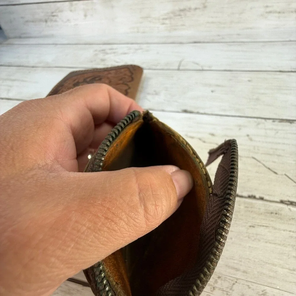 Vintage Hand Tooled Leather Wallet & Mexico Coin Purse Set Western Floral Horse